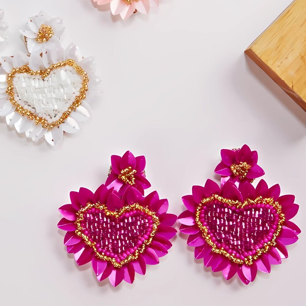 Bright Fuchsia Pink Sparkle Sequin Seed Beaded Heart Earrings